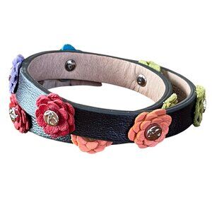 Rustic Cuff Meagan Multicolor Bracelet 15.5" Flower Wrap Black Leather Gold Tone